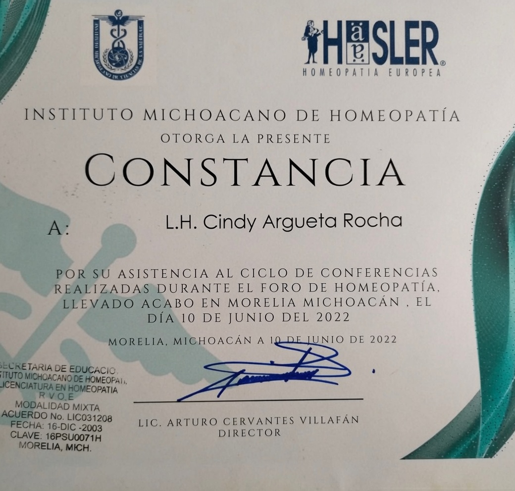 Constancia del Instituto Michoacano de Homeopatía a nombre de Cindy Argueta Rocha